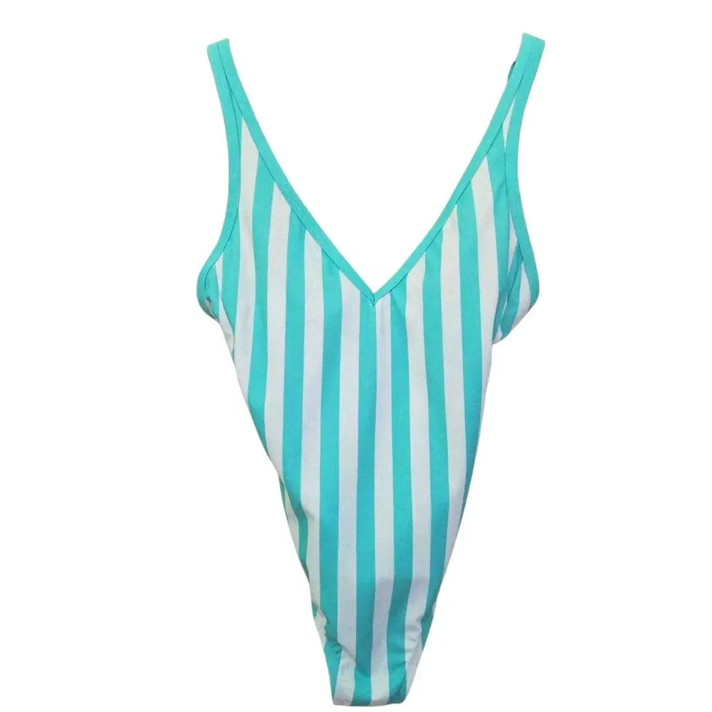 Kona Sol | Striped Plunge V-Neck One Piece Swimsuit